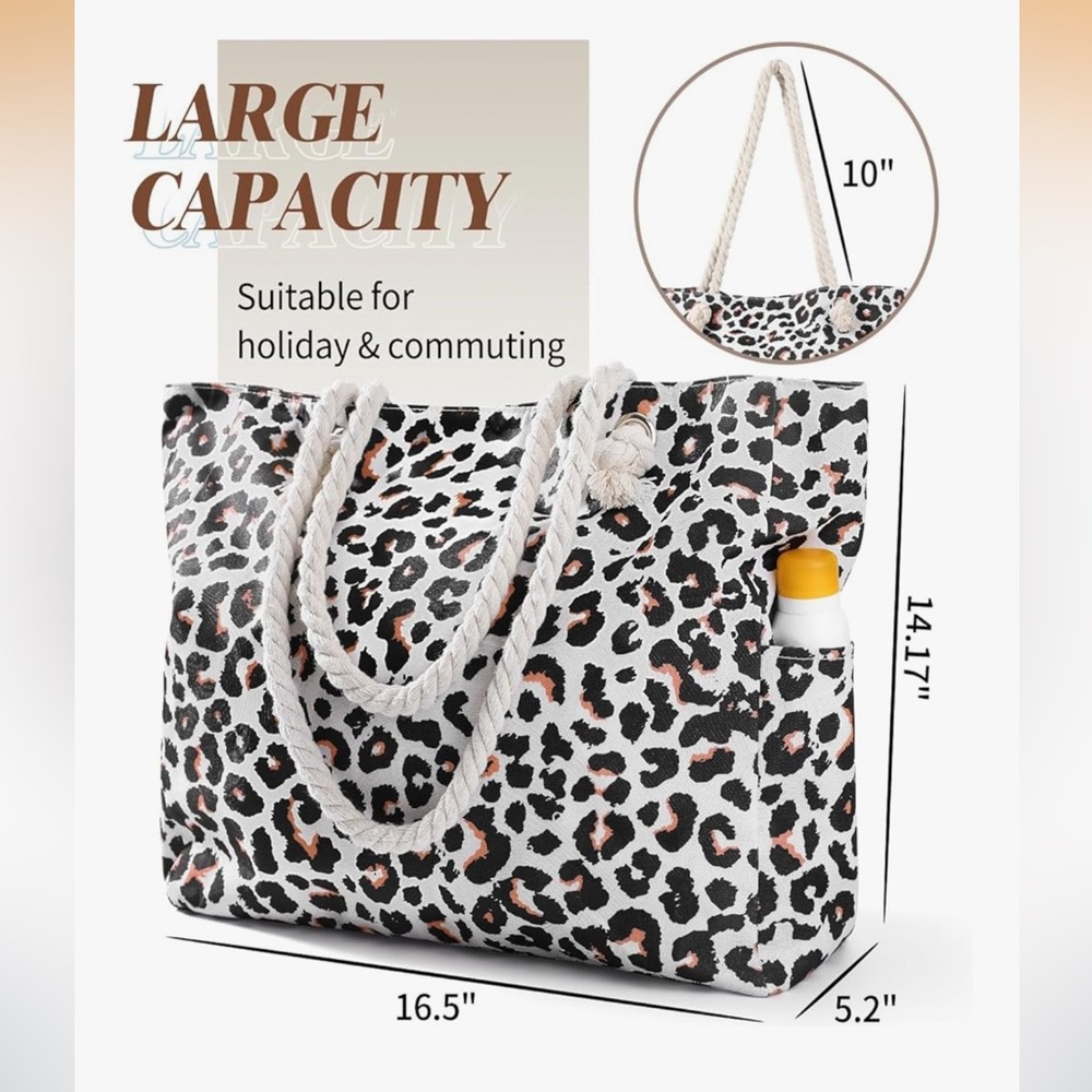 🆕 Leopard Print Rope-Handle Tote Bag - Cream/Black - Picture 3 of 7